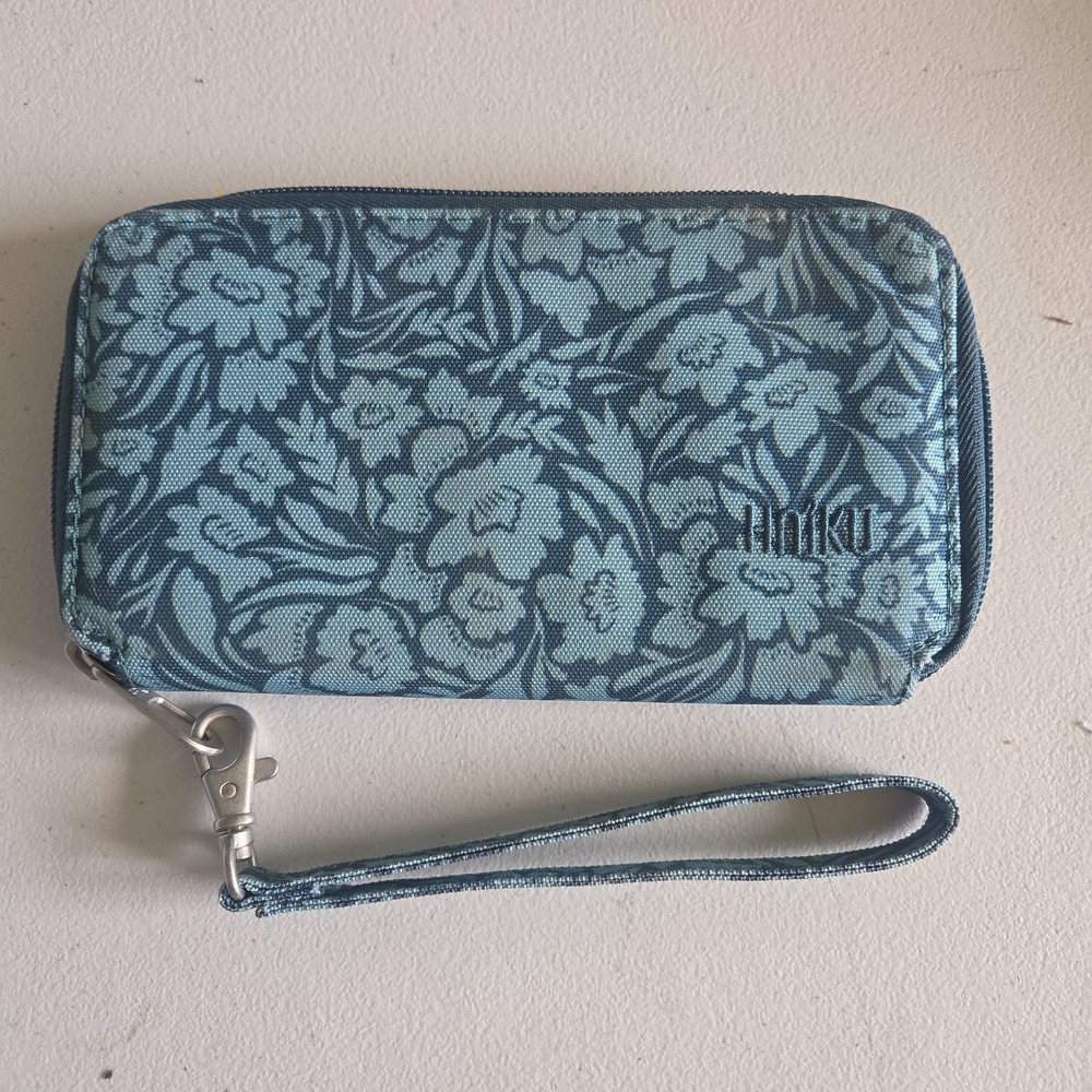 Haiku Intrepid Zip Around Wallet RFID Blue Floral Fern Zipper Travel